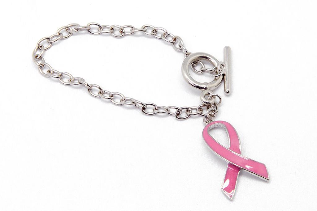 Painted Ribbon Charm Breast Cancer Awareness Glass Bead Coil Bracelet  BR-3048 - FIONA ACCESSORIES